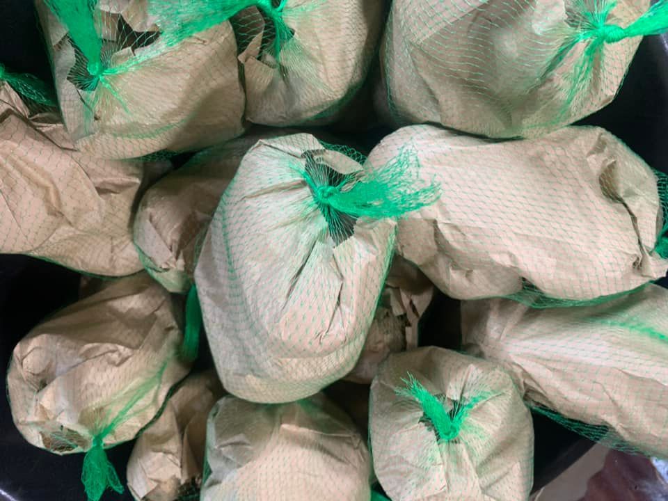 Stacked white sacks tied with green plastic ties, piled closely together.