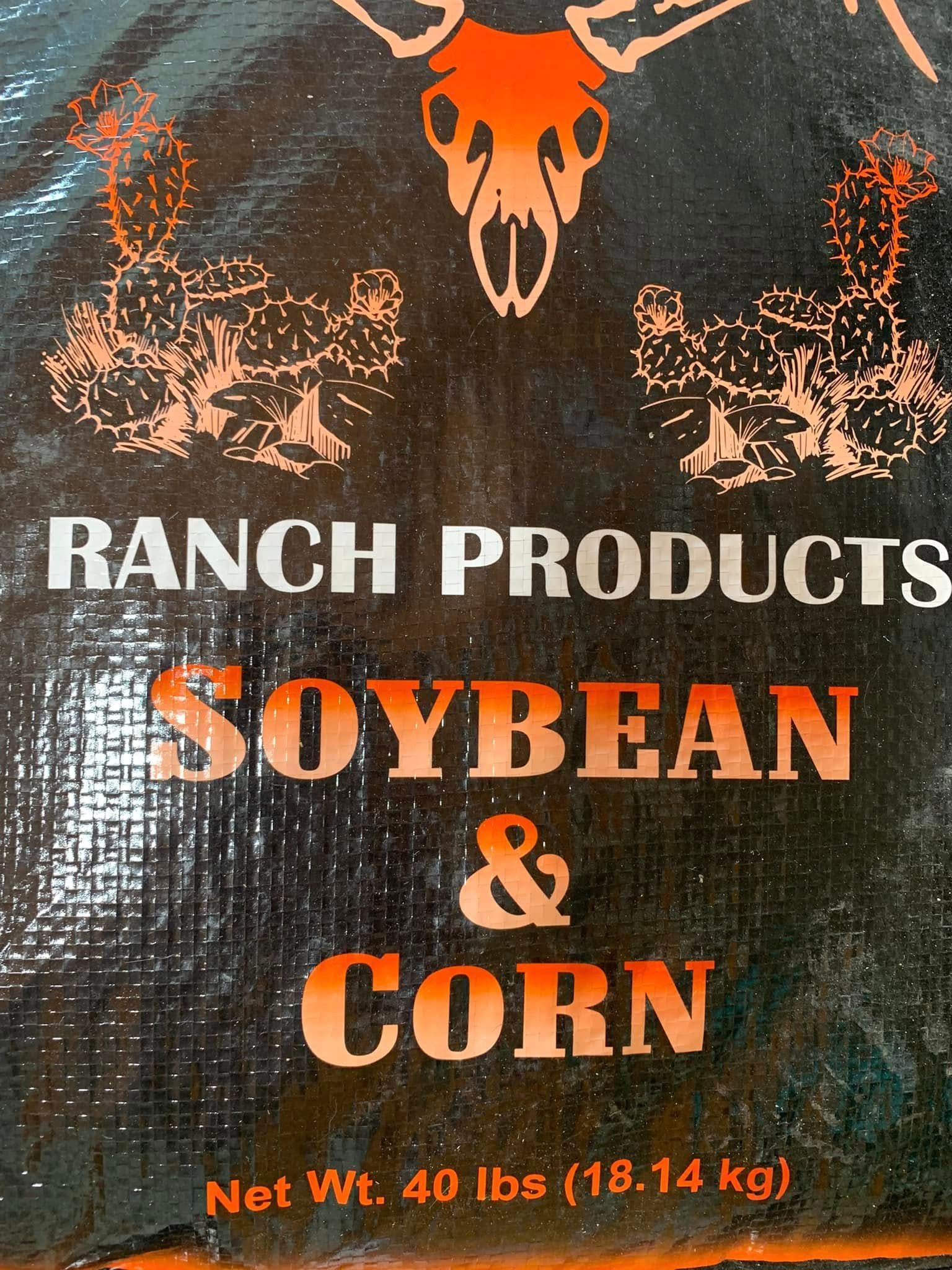 Black Ranch Products bag labeled “Soybean & Corn” with deer antler graphic and 40 lb net weight