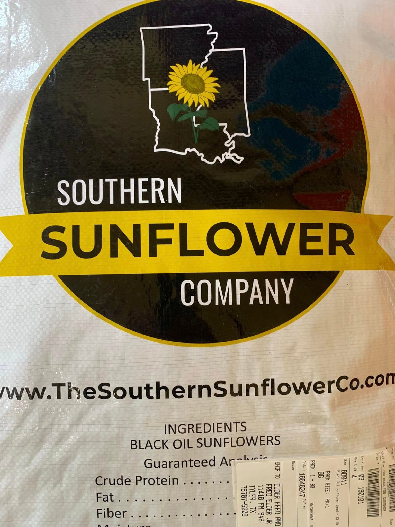 Southern Sunflower Company logo with Oklahoma outline and sunflower on a black-and-gold label