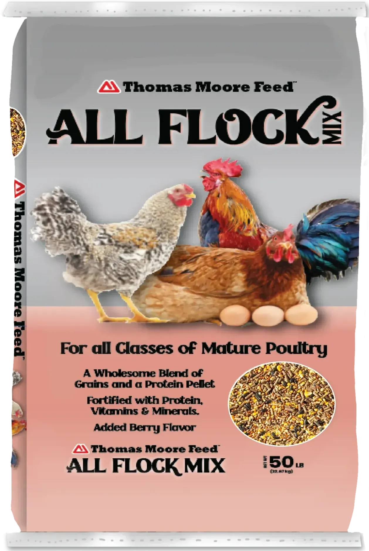 Thomas Moore Feed All Flock Mix bag with chickens and eggs on a pink background
