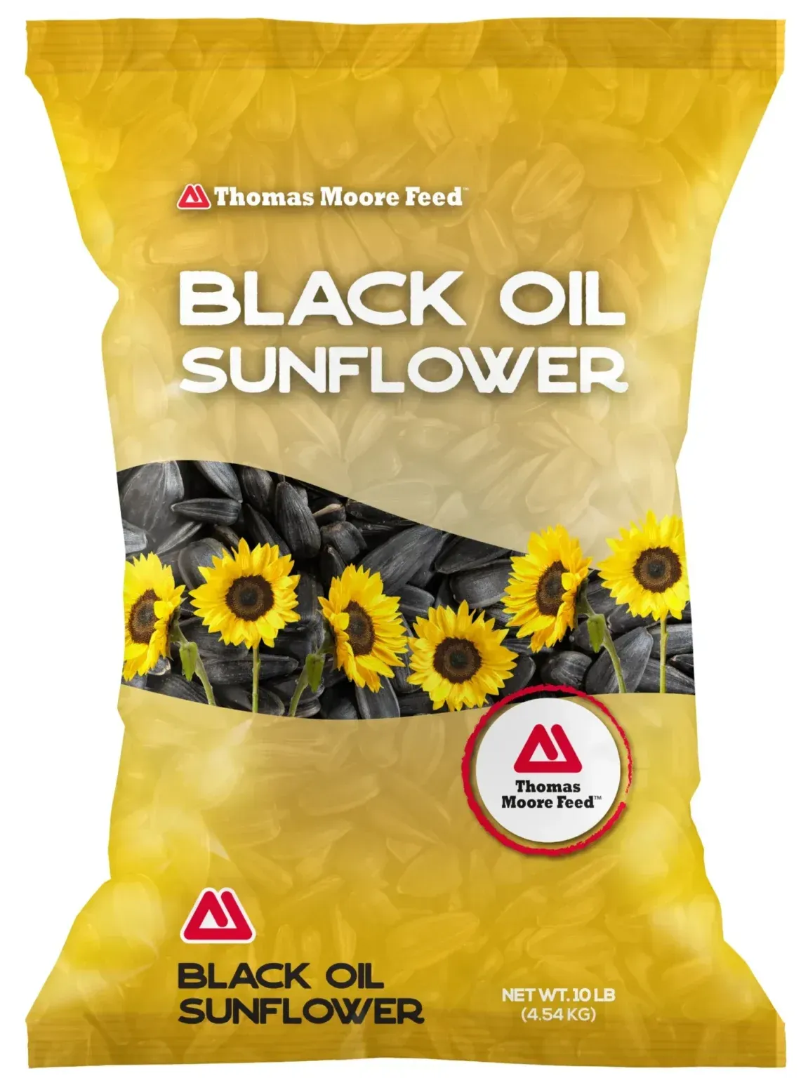 Bag of Thomas Moore Feed Black Oil Sunflower bird seed with yellow sunflowers and black seeds