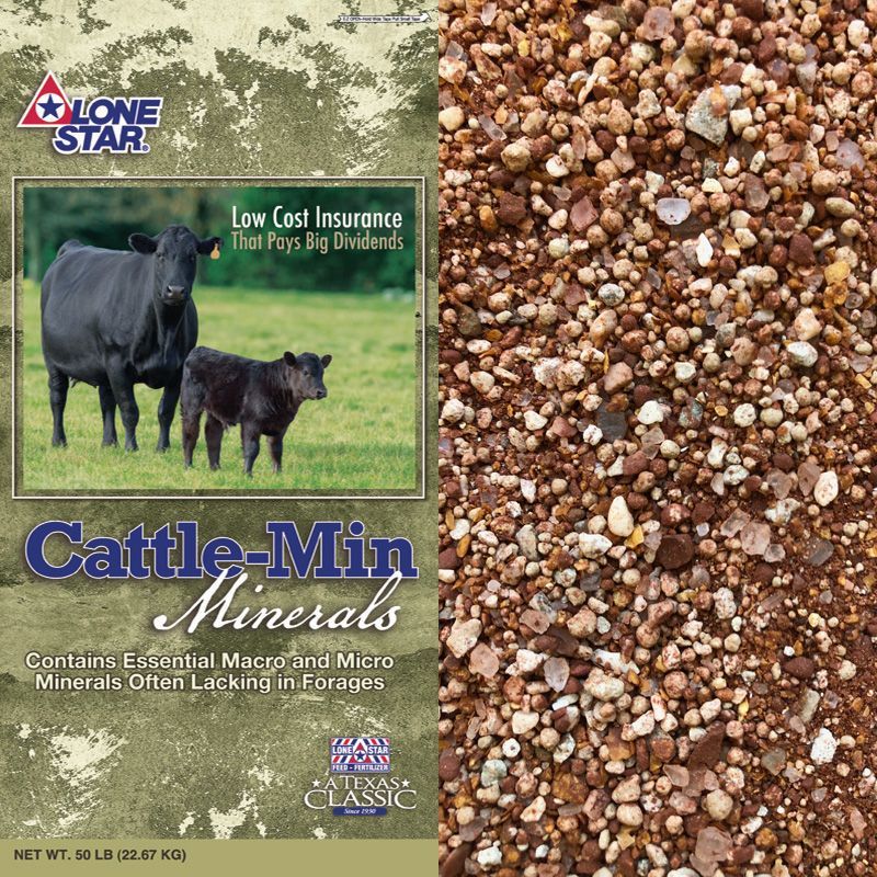 Bag of Lone Star Cattle-Mix Mineral feed, with cattle on the label, beside a pile of mineral granules