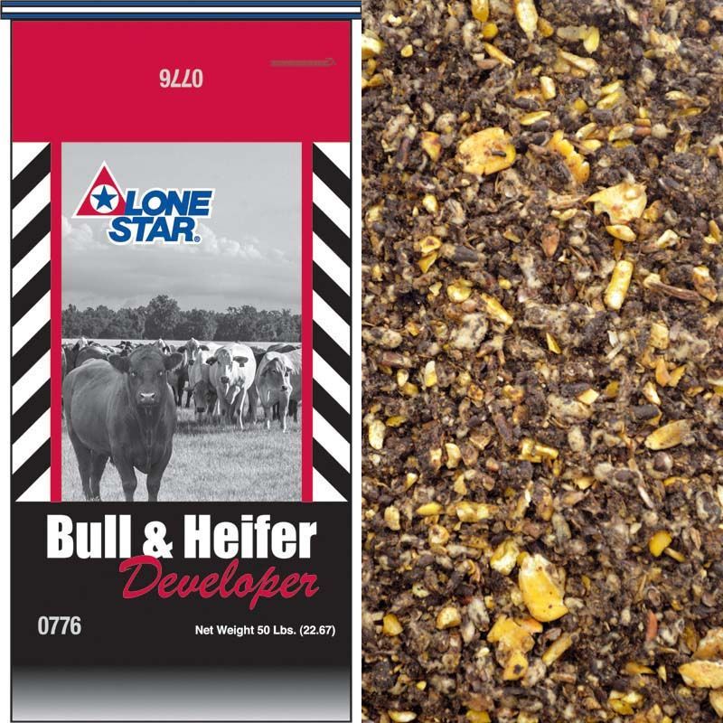 Lone Star Bull & Heifer Developer feed bag beside a close-up of mixed livestock feed pellets.