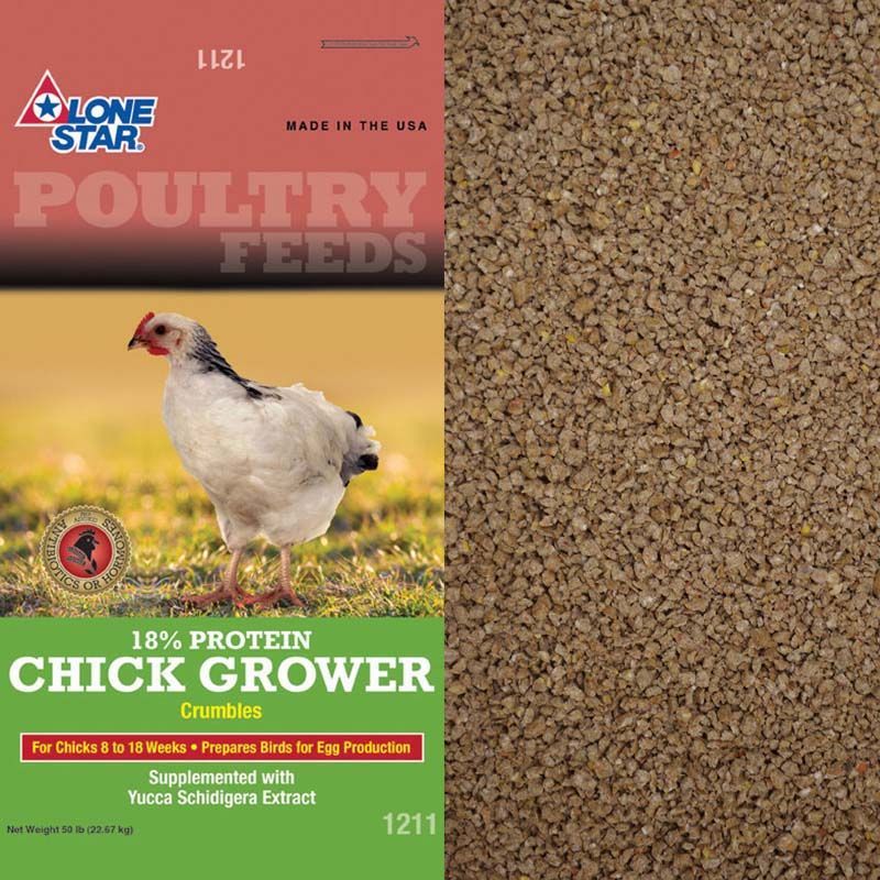 Bag of red and green chick grower poultry feed with a chicken photo and feed pellets spread beside it