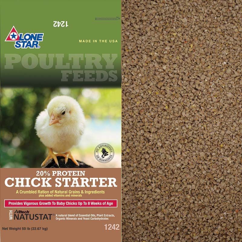 Chicken starter poultry feed bag with chick photo beside a pile of brown pellets
