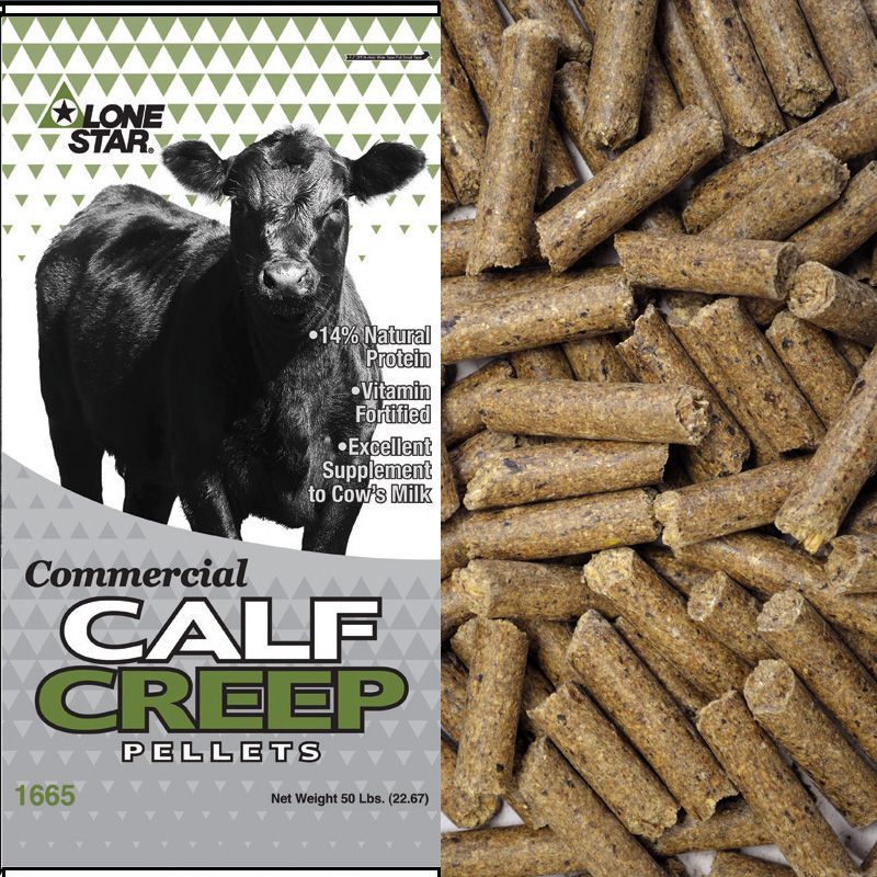 Bag of Lone Star Commercial Calf Creep Pellets beside loose brown feed pellets