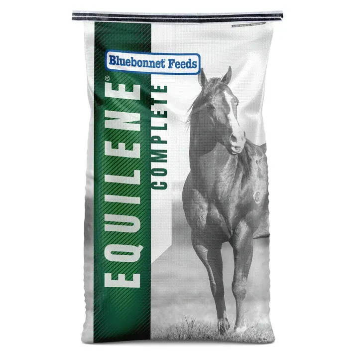 Bluebonnet Feeds Equine Complete horse feed bag with horse illustration
