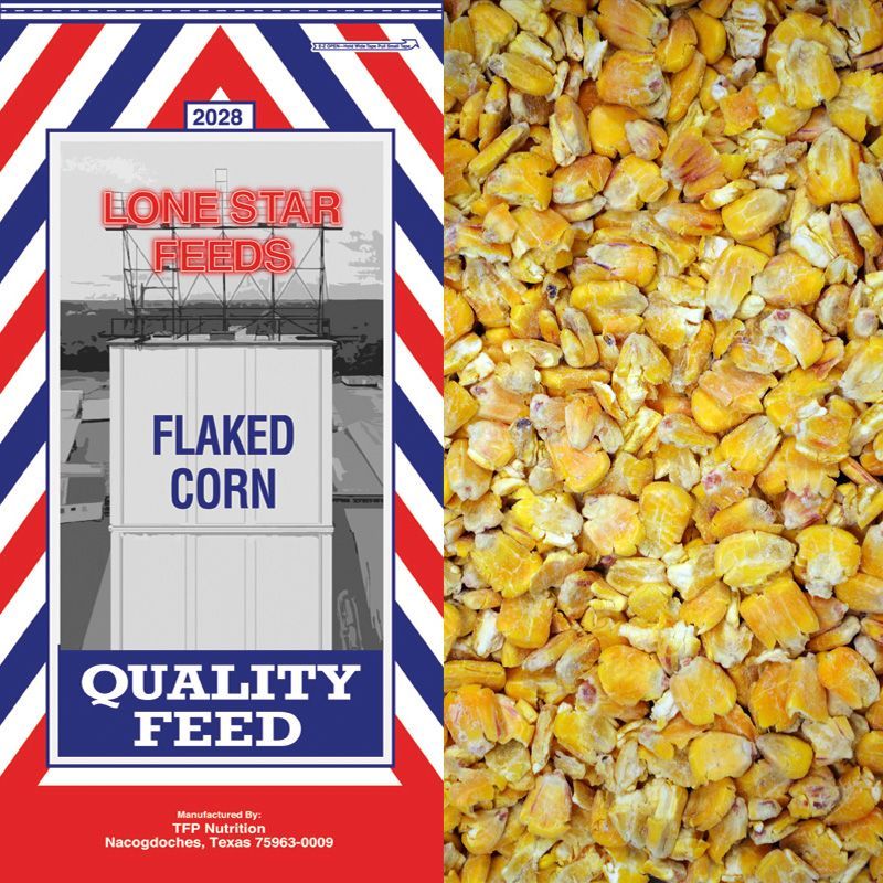 Lone Star Feeds Flaked Corn bag next to close-up yellow corn flakes.