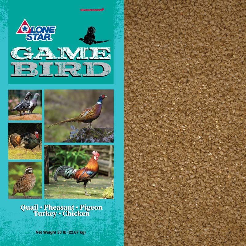 Lone Star Game Bird feed bag with turkey, quail, pheasant, and pigeon images on turquoise label.