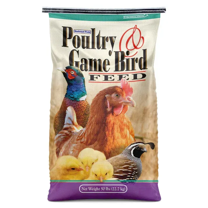 Bag of Poultry & Game Bird Feed with images of chickens, ducklings, and a duck