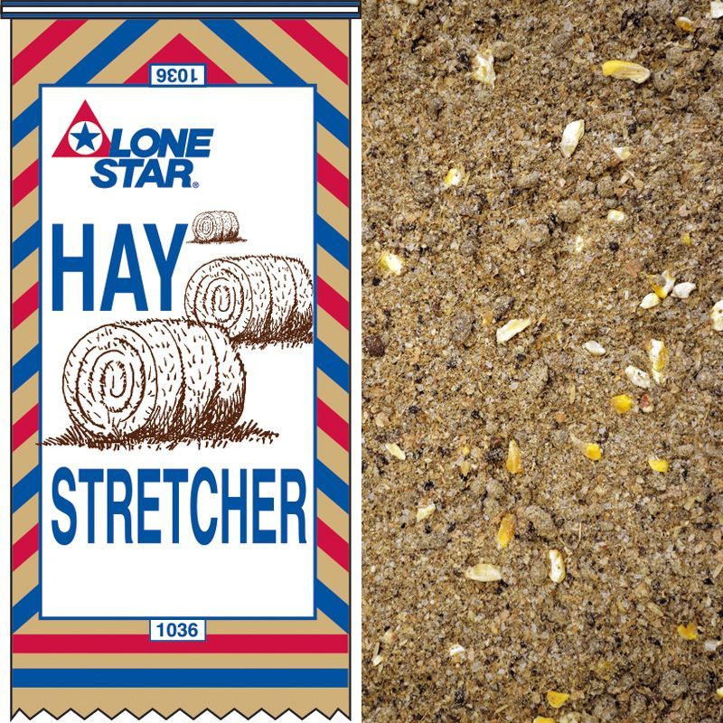 Lone Star Hay Stretcher feed bag beside close-up of mixed grain feed pellets and seeds
