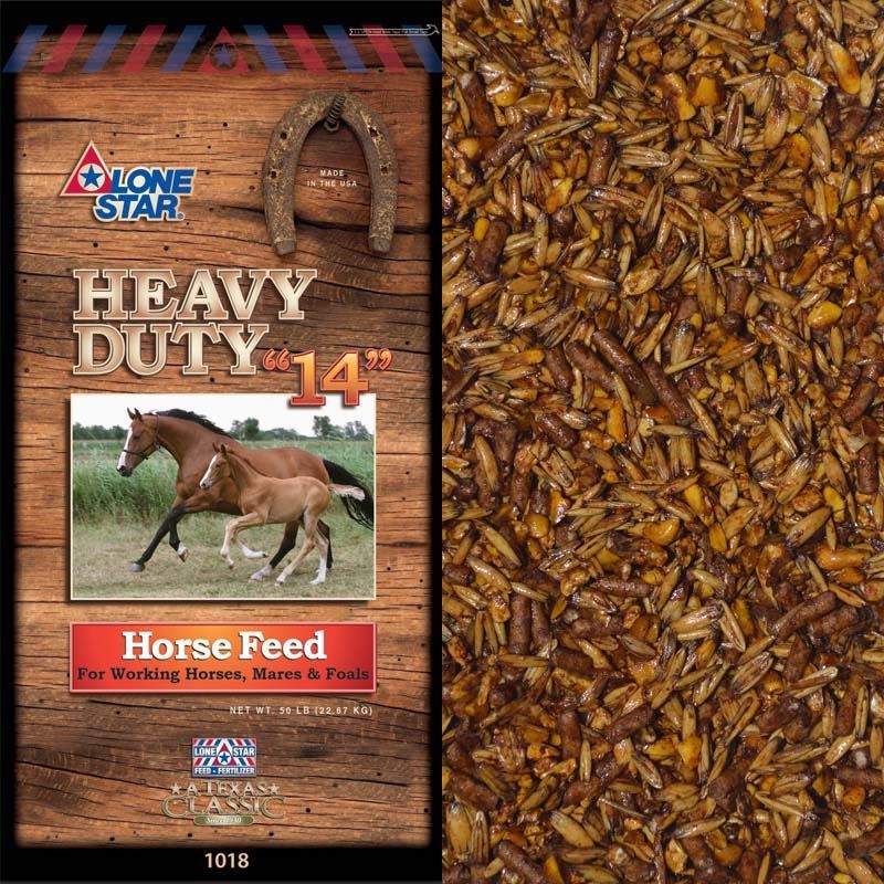 Lone Star Heavy Duty horse feed bag with horse photo beside a pile of feed pellets