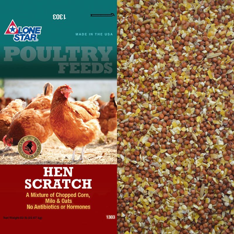 Bag of poultry feed labeled “Hen Scratch” with chickens on front and cracked corn mix on right