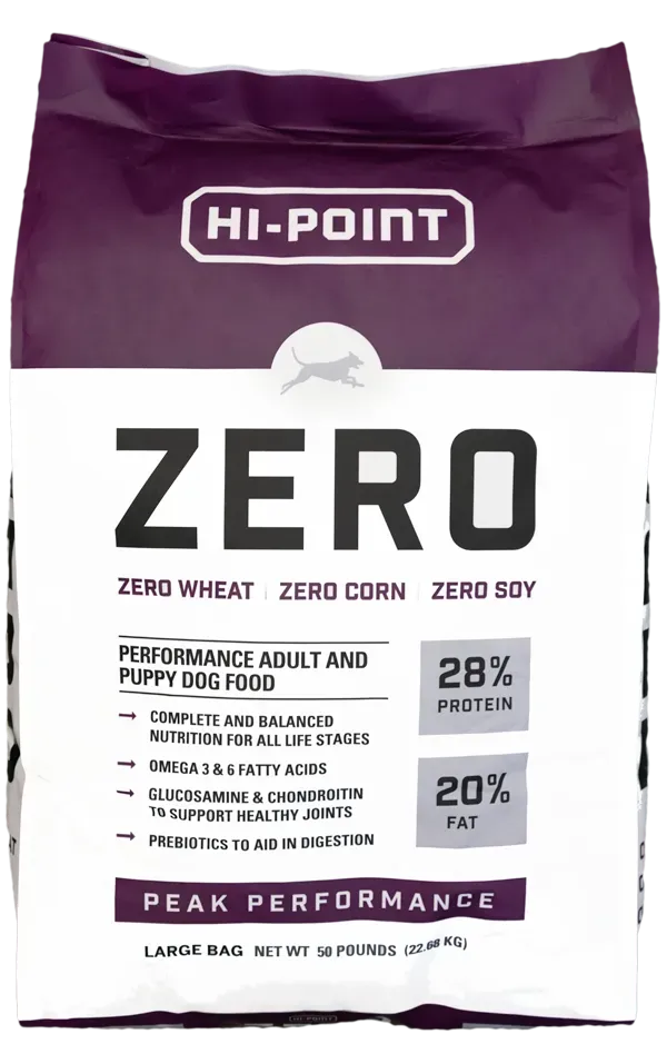 Purple and white Hi-Point ZERO zero wheat zero soy dog food bag with 28% protein and 20% fat