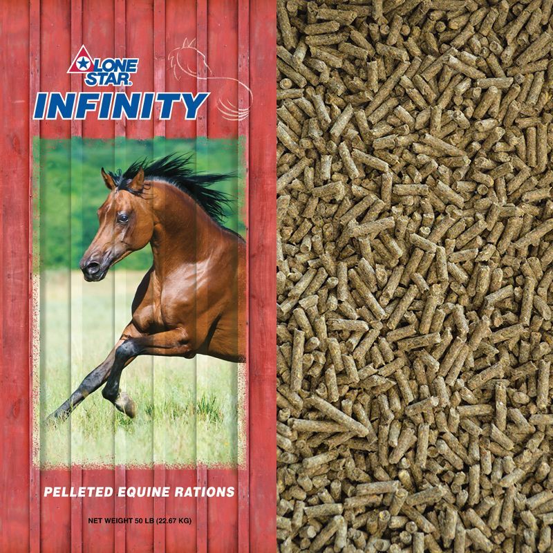 Horse feed bag labeled “Lone Star Infinity” beside tan pelleted feed