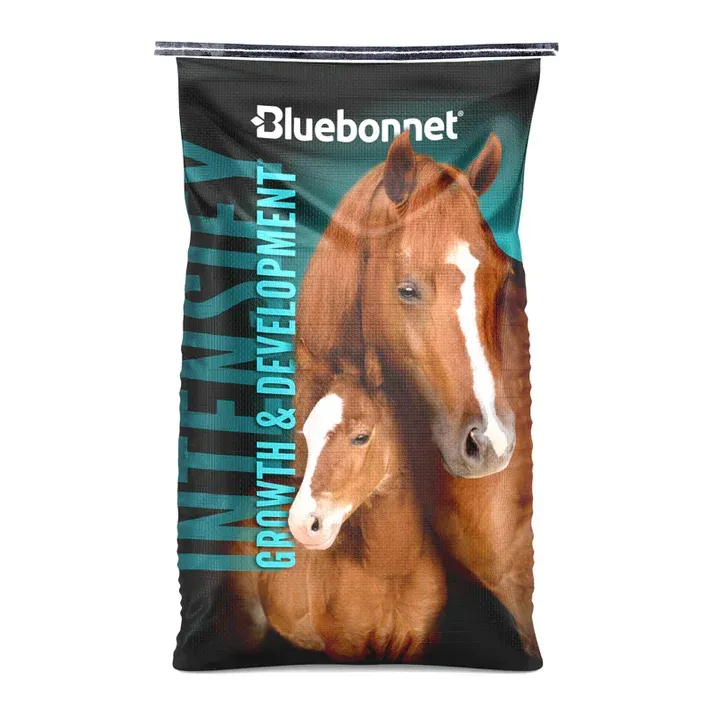 Bluebonnet animal feed bag with two horses on a black and teal package