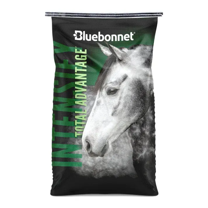 Bluebonnet Wild Advantage horse feed bag with black background and white horse image