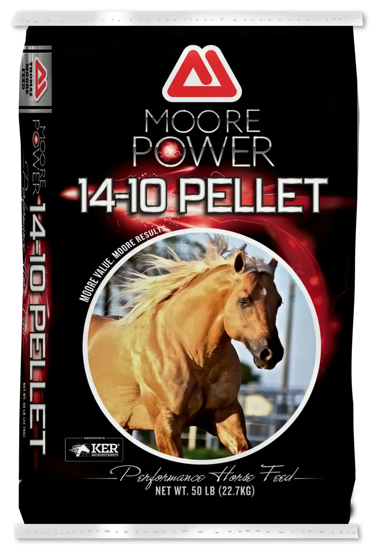 Black feed bag labeled “Moore Power 14-10 Pellet” with a horse photo on the front.