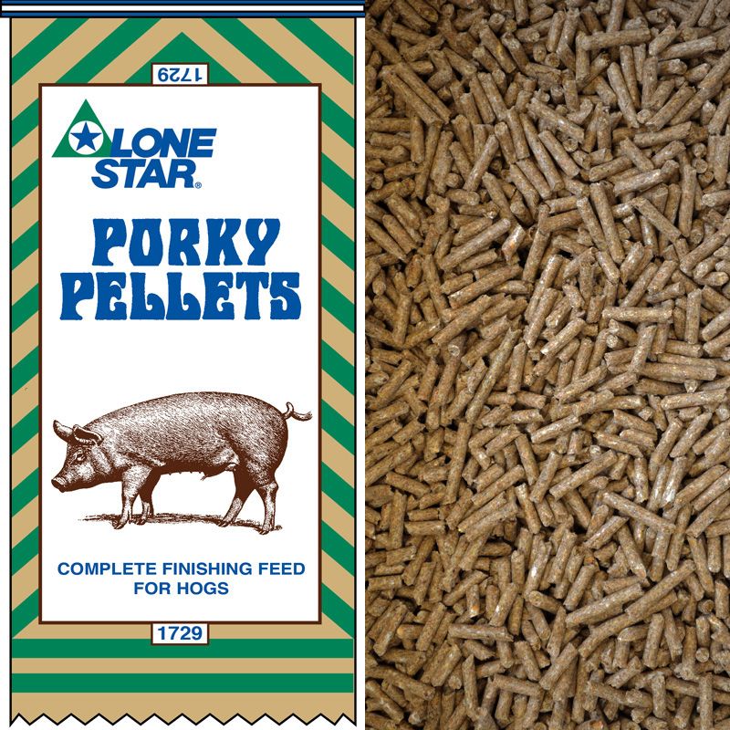 Lone Star Porky Pellets hog feed bag beside a pile of brown pellets