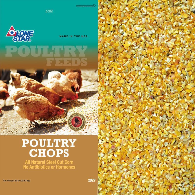 Poultry feed bag with chickens on the left and cracked yellow corn feed on the right