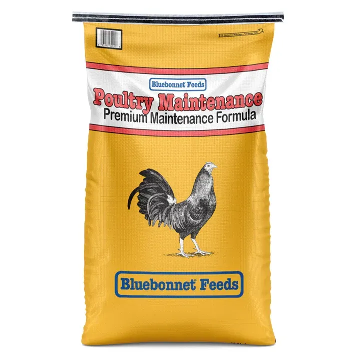 Bluebonnet Feeds poultry maintenance feed bag, yellow with rooster illustration
