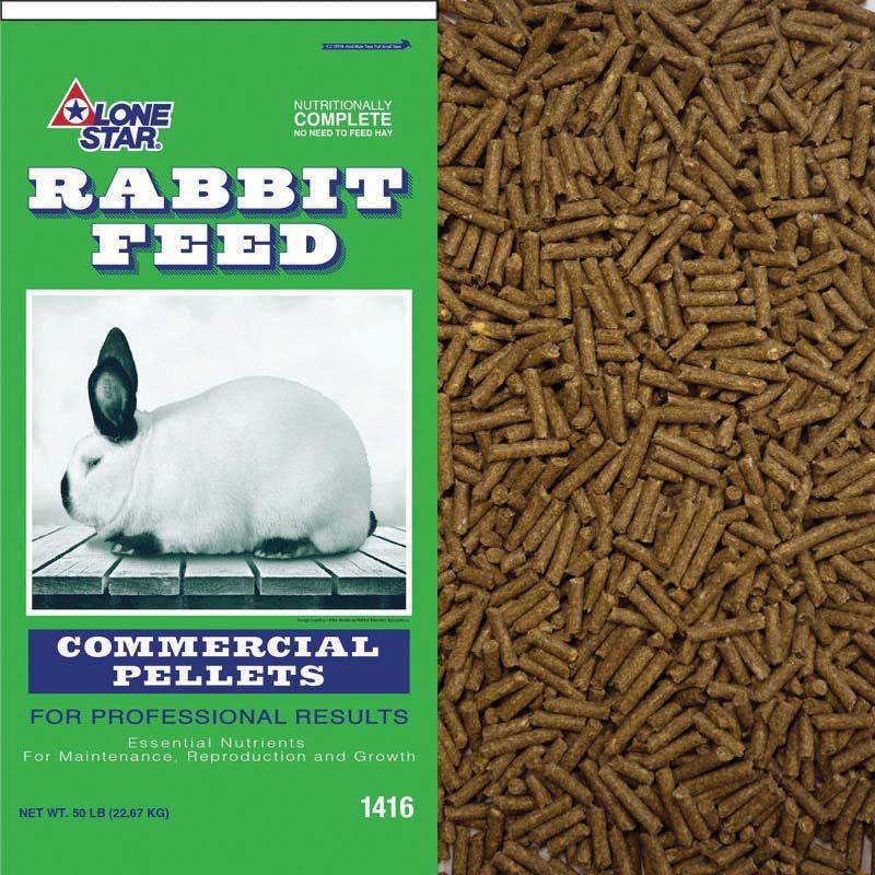 Green rabbit feed bag with white rabbit, labeled “Commercial Pellets” and “For Professional Results”