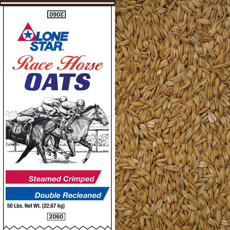 Lone Star Race Horse Oats bag beside a close-up of oats, with red, blue, and white packaging.
