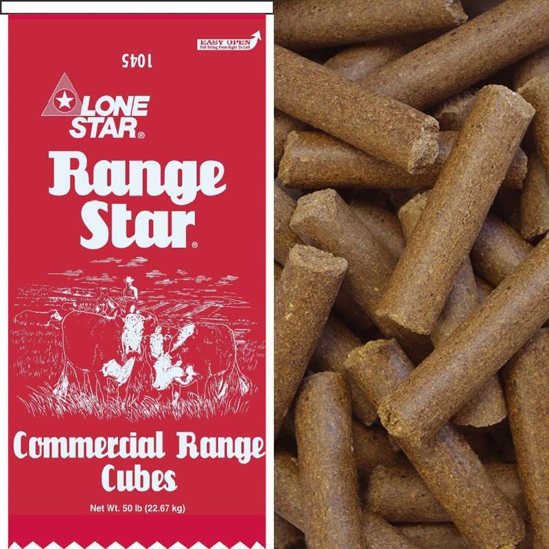 Red Lone Star Range commercial cubes package beside a pile of brown feed pellets