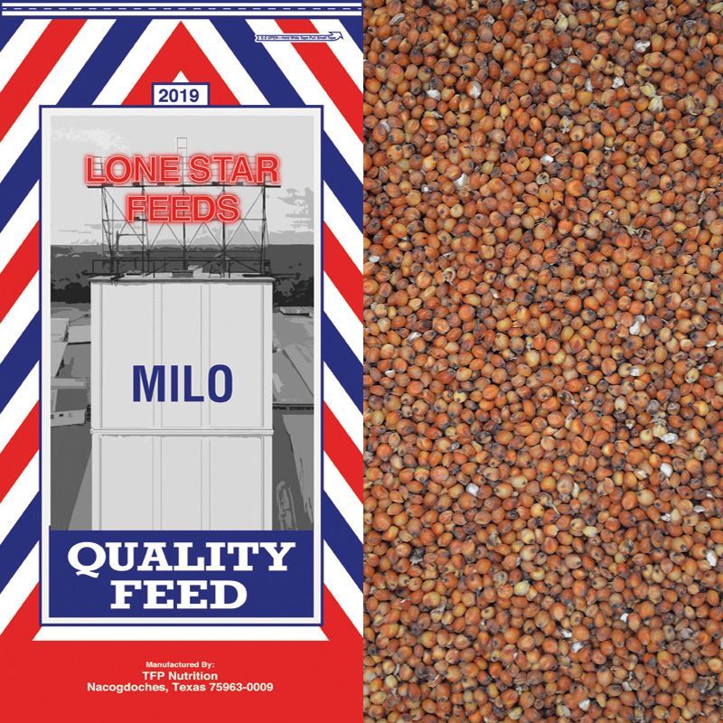 Lone Star Feeds Milo quality feed bag label beside close-up of milo grain kernels