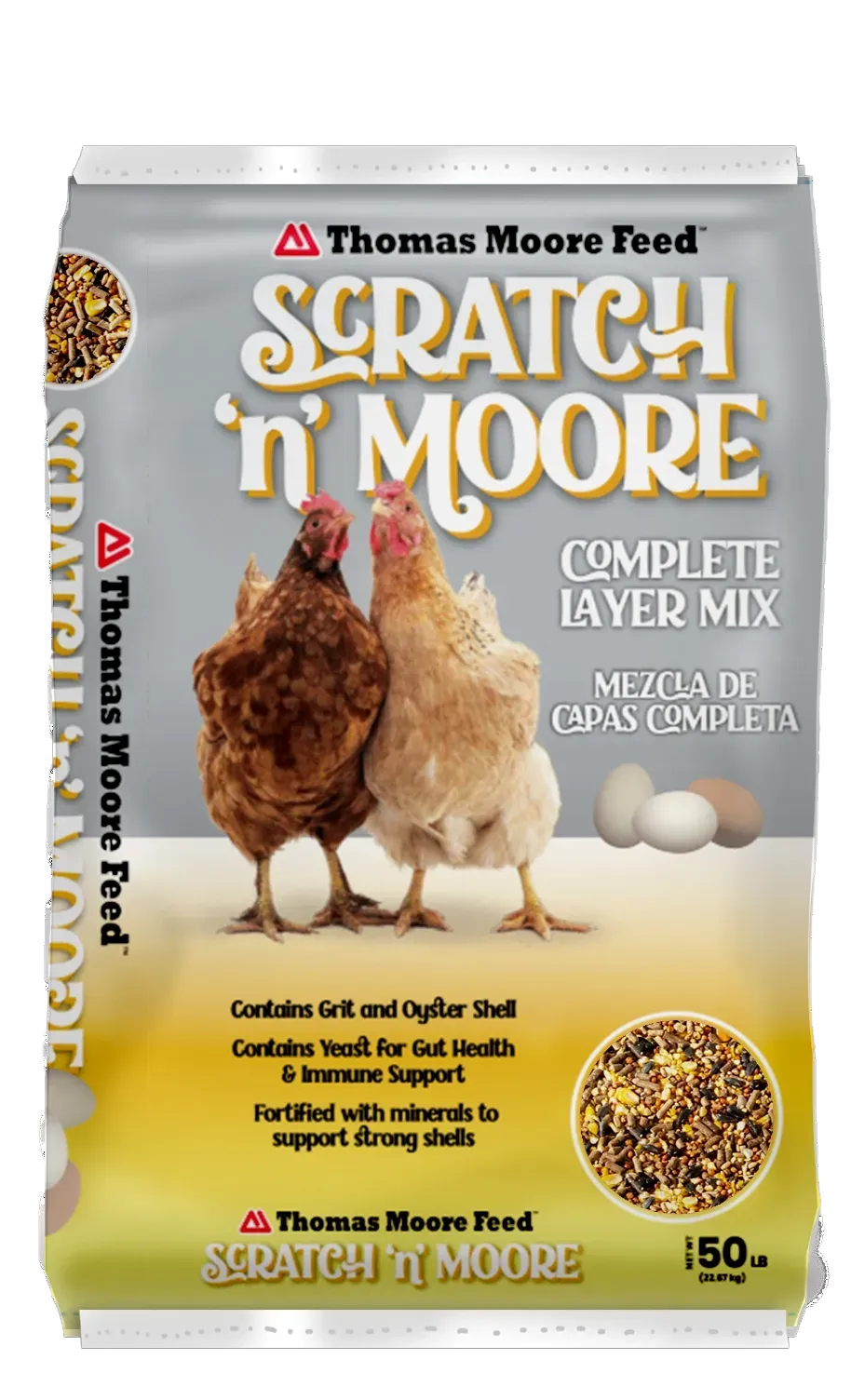 Scratch n’ Moore chicken feed bag with layered grains and “Complete Layer Mix” text on a white bag.