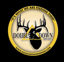 Double Down deer feed logo with antlers and yellow circle badge on black background