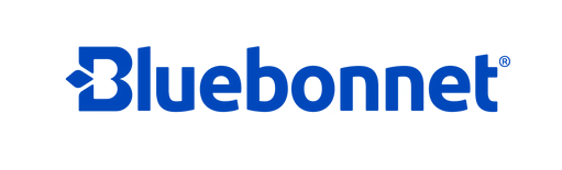 Bluebonnet logo in blue text with a stylized flower icon