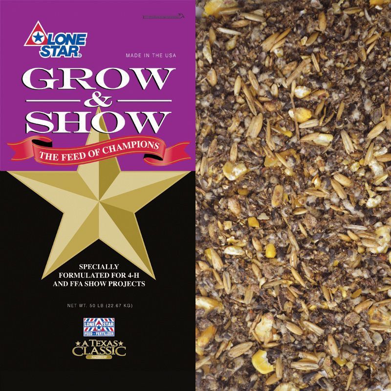 Lone Star Grow & Show feed bag with purple label and close-up of mixed grains