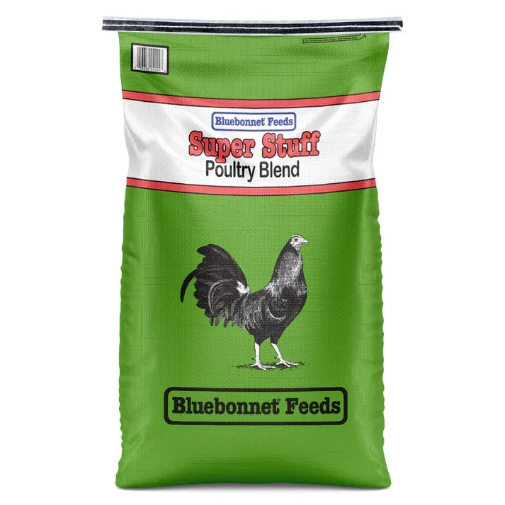 Green Bluebonnet Feeds Super Stuff Poultry Blend bag with a rooster illustration