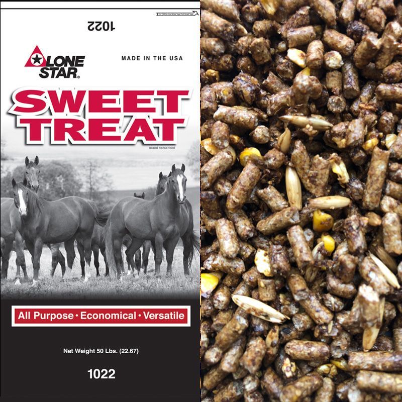 Stone Sweet Treat horse feed bag beside close-up of mixed grain pellets and corn pieces