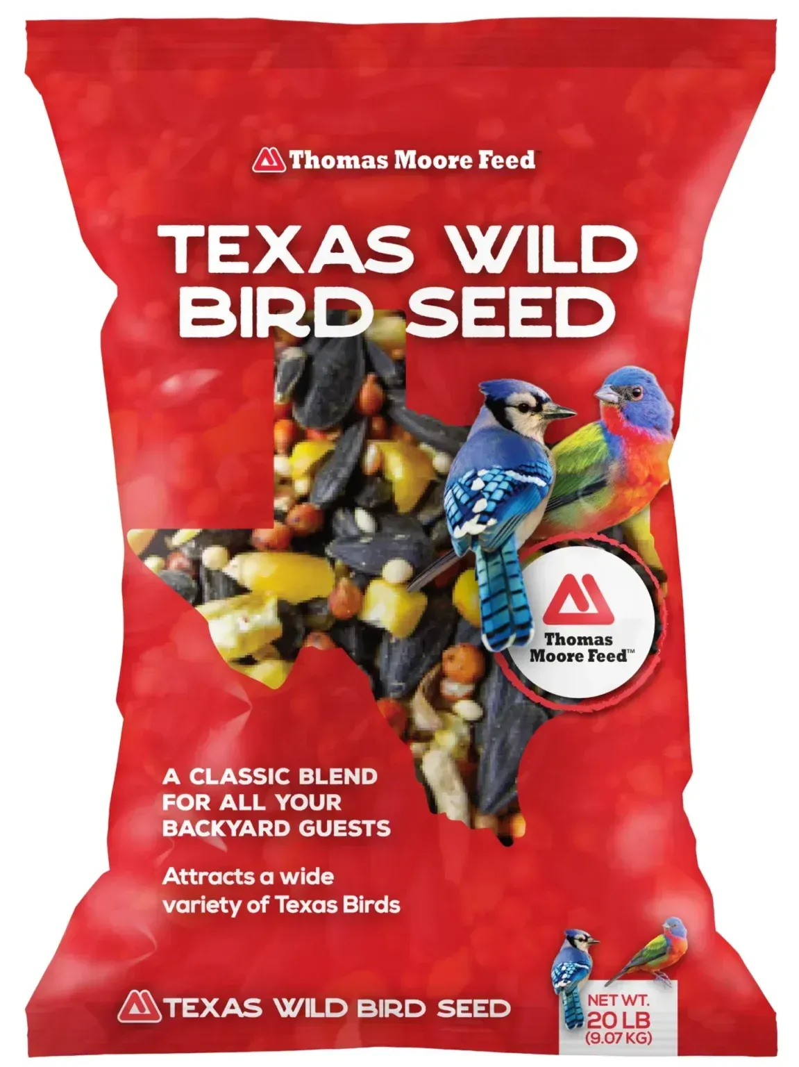 Texas Wild Bird Seed bag with colorful birds on a red package, classic blend for backyard birds.
