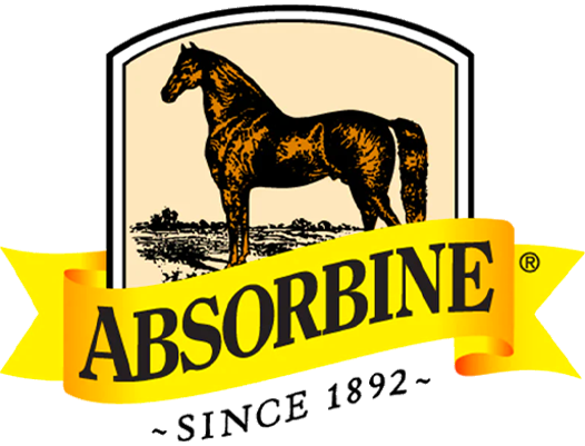 Absorbine logo with a black horse on a cream shield and yellow banner, “Since 1892” below