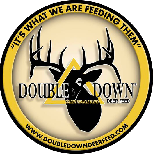 Double Down deer feed logo with black deer head, antlers, and yellow triangle badge on beige circle.