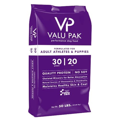 Purple VP Valu Pak dog food bag, 50 lbs, for adult athletes and puppies