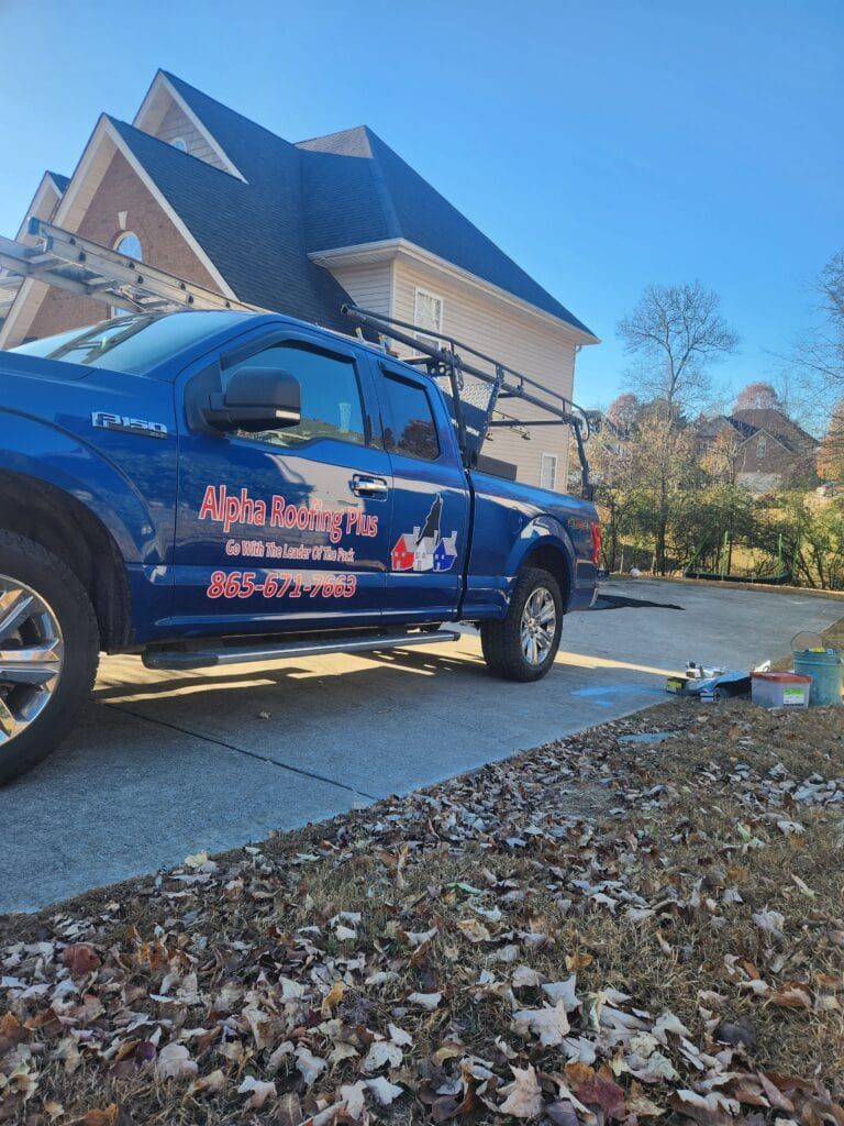 Blue pickup truck parked in a driveway beside a brick house on a sunny day