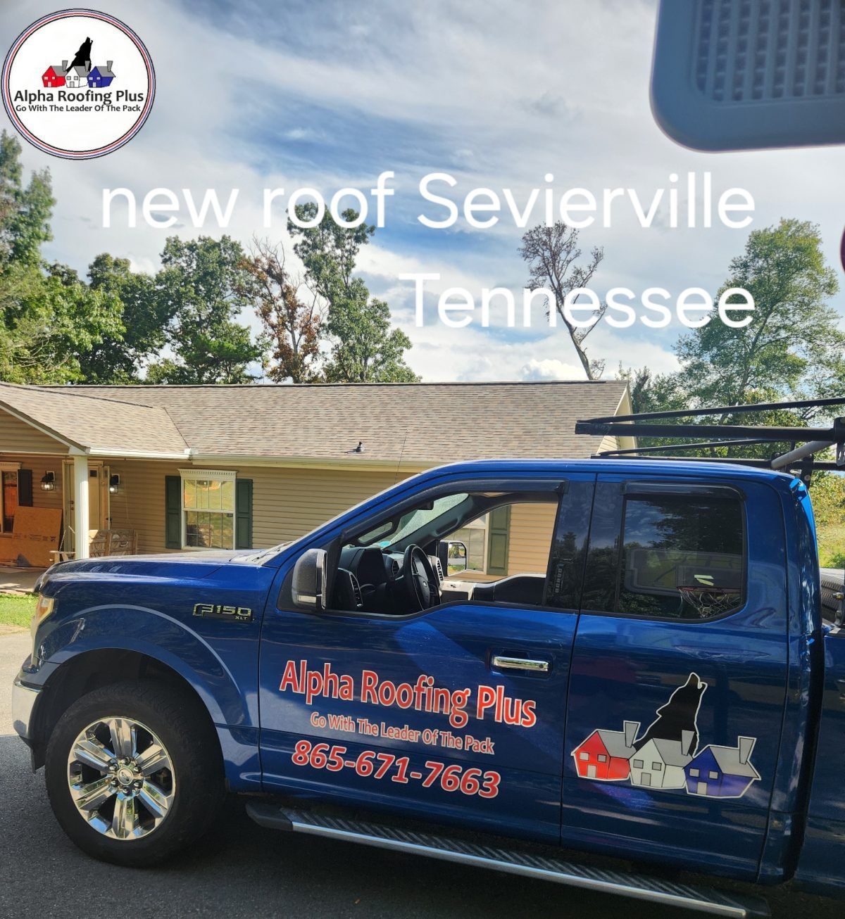 Blue service truck parked outside a house with overlaid text “new roof Sevierville Tennessee”