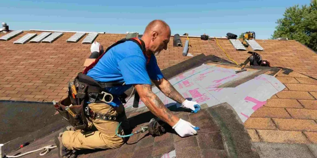 Worker installing roofing felt on a rooftop under a bright blue sky