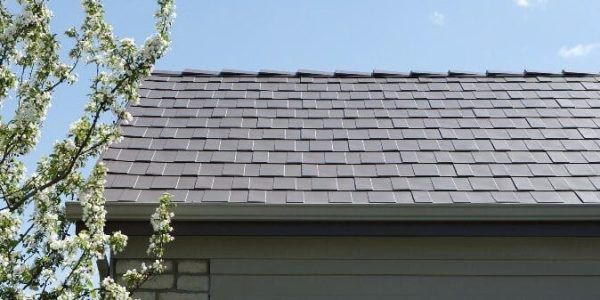 Gray shingled roof with tree branches and white blossoms beside it