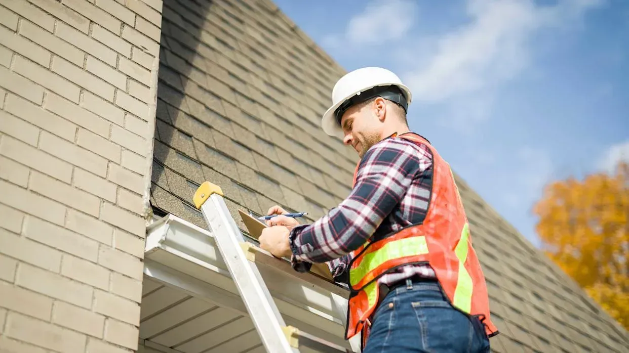 Worker in hard hat and safety vest repairing a roof beside a brick wall.