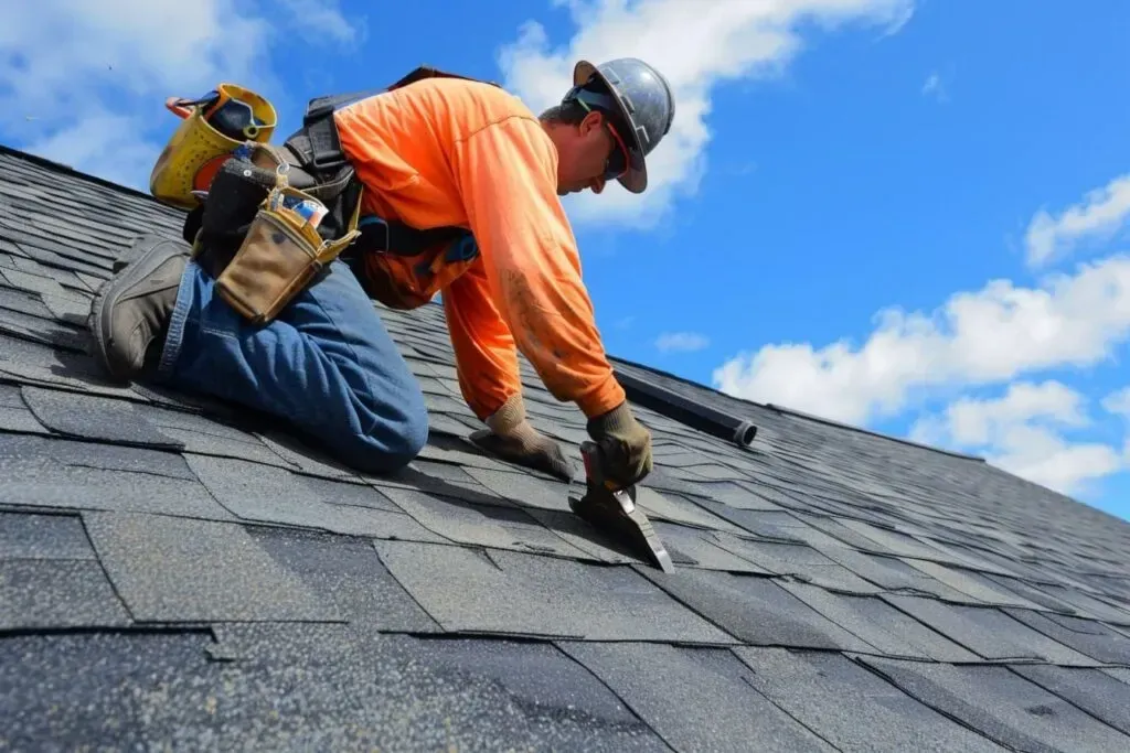 Roofing worker in orange shirt installing shingles on a steep roof under a blue sky