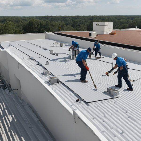 Workers in blue uniforms applying coating to a white rooftop with rollers