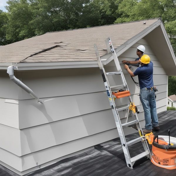 Worker on a ladder repairing a roof on a house, with tools and an orange vacuum on the ground.