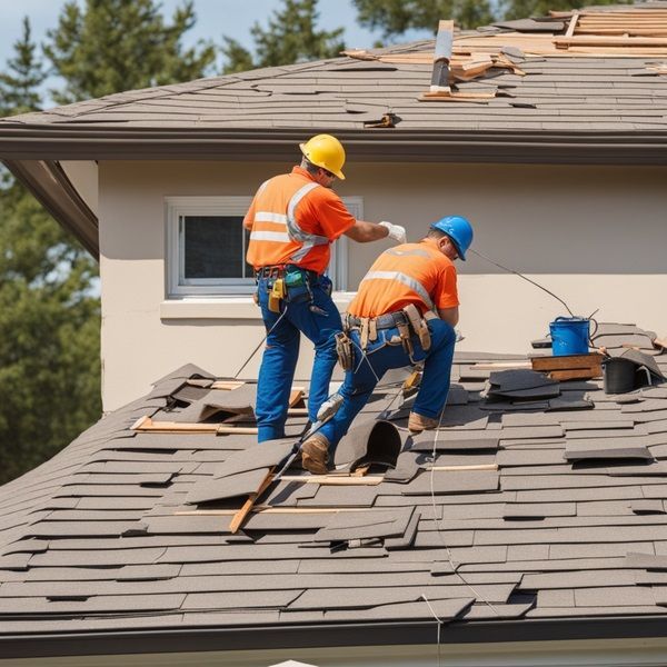 Two roofers in safety gear repairing shingles on a house roof, with tools and materials nearby.