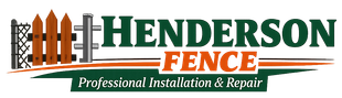 Logo for Henderson Fence, dark green text with fence images. Includes tagline: Professional Installation & Repair.