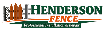 Logo for Henderson Fence, dark green text with fence images. Includes tagline: Professional Installation & Repair.